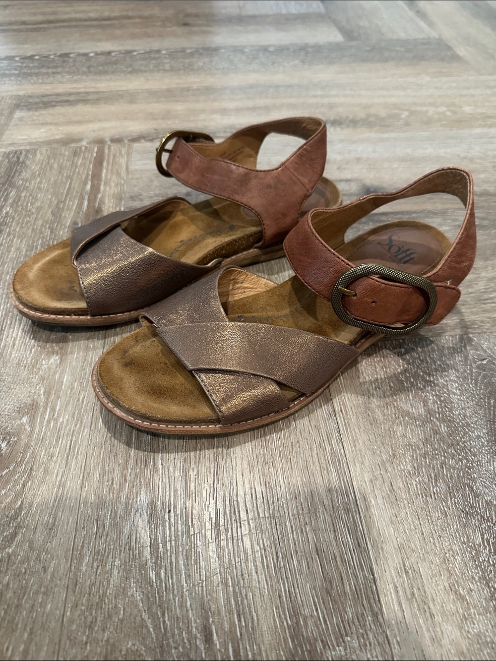 Sofft Bronze Metallic and Brown Ankle Strap Sandals